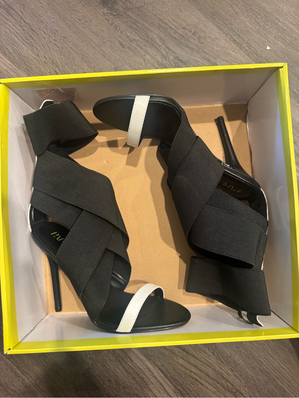 Paper Fox Black & White Strappy Stiletto Heels – Size 8.5